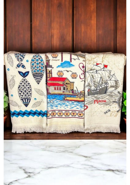 3'lü Saçaklı Pamuklu 40X60 cm %100 Pamuk Baskılı Havlu Seti El Yüz Mutfak Havlusu Yumuşak Desenli Su Emici Set