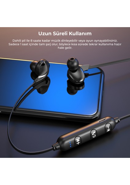 ES204 Boyun Bantlı Kablosuz Bluetooth 5.0 Mikrofonlu Kulak İçi Kulaklık Siyah