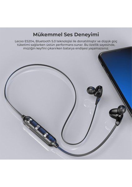 ES204 Boyun Bantlı Kablosuz Bluetooth 5.0 Mikrofonlu Kulak İçi Kulaklık Siyah