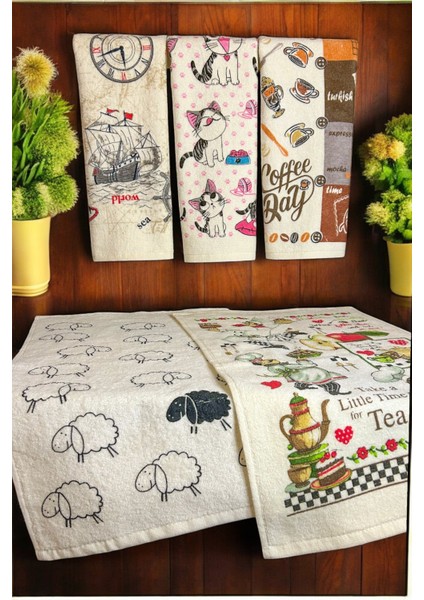 5'li Pamuklu Baskılı Havlu Seti 30X50 cm %100 Pamuk El Yüz Mutfak Havlusu Yumuşak Desenli Su Emici Set