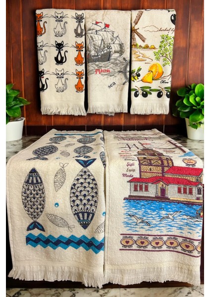 5'li Saçaklı Pamuklu 40X60 cm %100 Pamuk Baskılı Havlu Seti El Yüz Mutfak Havlusu Yumuşak Desenli Su Emici Set