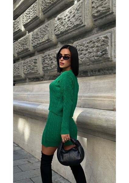 Kadın Triko Bisiklet Yaka Örme Etek Kazak 2'li Takım