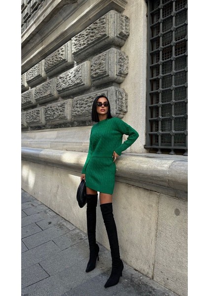 Kadın Triko Bisiklet Yaka Örme Etek Kazak 2'li Takım indirimleri