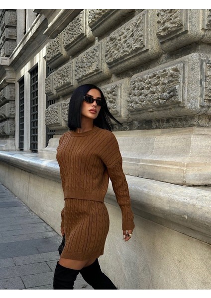 Kadın Triko Bisiklet Yaka Örme Etek Kazak 2'li Takım modelleri