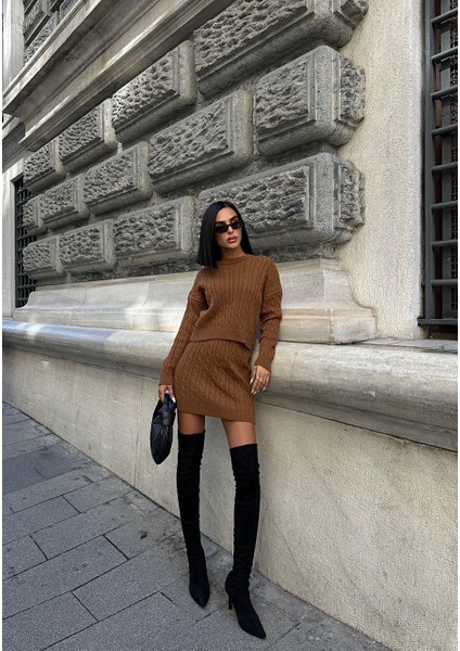 Kadın Triko Bisiklet Yaka Örme Etek Kazak 2'li Takım indirimleri