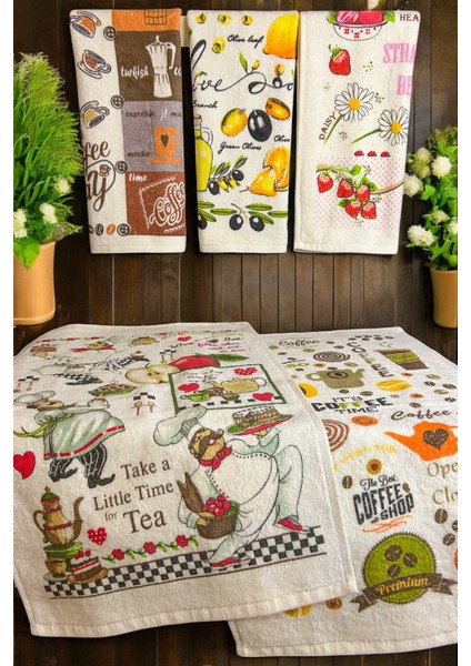 5'li Pamuklu Baskılı Havlu Seti 30X50 cm %100 Pamuk El Yüz Mutfak Havlusu Yumuşak Desenli Su Emici Set