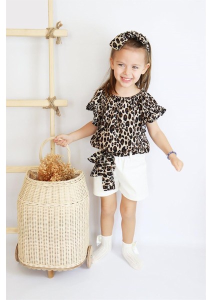 Kız Bebek Viskon Leopar Madonna Yaka Şortlu Bandana Alt Üst Takım