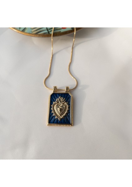 Paslanmaz Çelik Vintage Kalp Lacivert Tarot Kolye