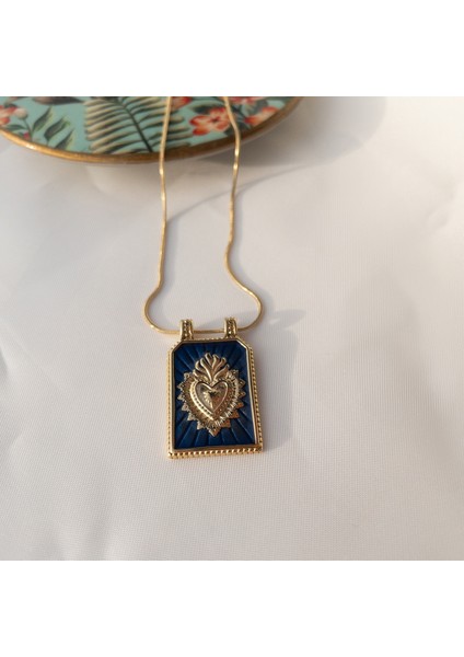 Paslanmaz Çelik Vintage Kalp Lacivert Tarot Kolye
