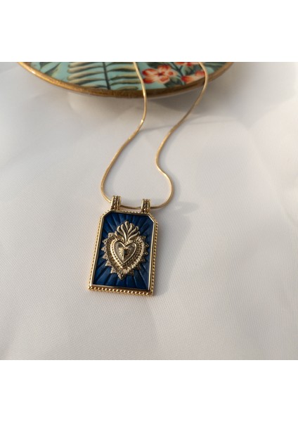Paslanmaz Çelik Vintage Kalp Lacivert Tarot Kolye