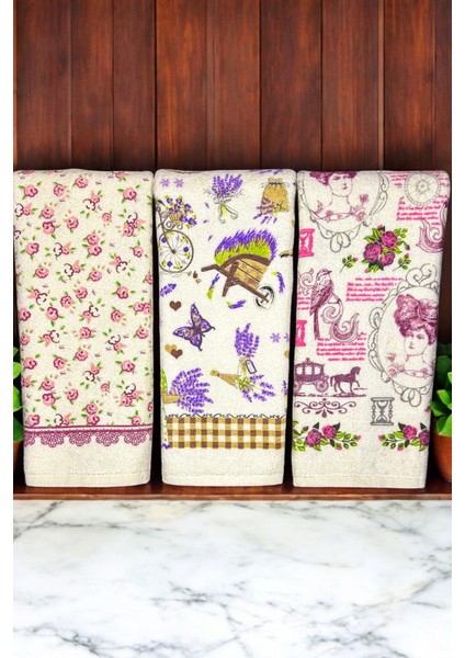 3'lü Pamuklu Baskılı Havlu Seti 30X50 cm El Yüz Mutfak Havlusu Yumuşak Desenli Su Emici Set