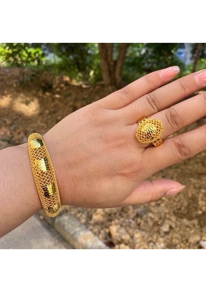 60MM Tarzı B 24 K Suudi Arabistan Dubai Bilezik Yüzük Setleri ile Altın Hint Bileklik Etiyopya Örgü Bilezikler Düğün Takı Afrika Kadınlar Hediyeler (Yurt Dışından) fiyatları
