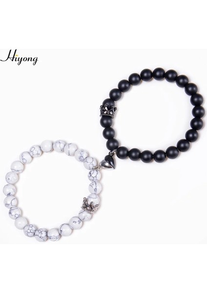 No.12 Boyutu 2021 Yeni Moda Doğal Beyaz Howlite Boncuk Bileklik Mıknatıs Kalp Şeklinde Çift Bilezik Mesafe Taş Bilezik Takı Hediyeler (Yurt Dışından)