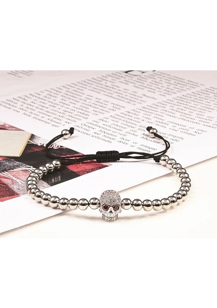 Gümüş Kafatası Charm Kafatası Başkanı Bakır Boncuk Bileklik El Yapımı Açacağı Cz Iskelet Kristal Ayarlanabilir Bilezik Punk Bilek Takı Kadın Erkek Için (Yurt Dışından) fırsatları