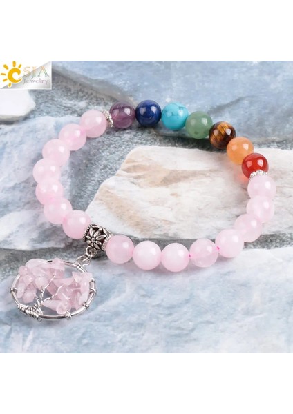 7 Çakra 7 Çakra Pembe Kuvars Hayat Ağacı Bilezikler Kadınlar Için Mücevher Doğal Taş Bilezik Mala Boncuklar Meditasyon Şifa E910 (Yurt Dışından)