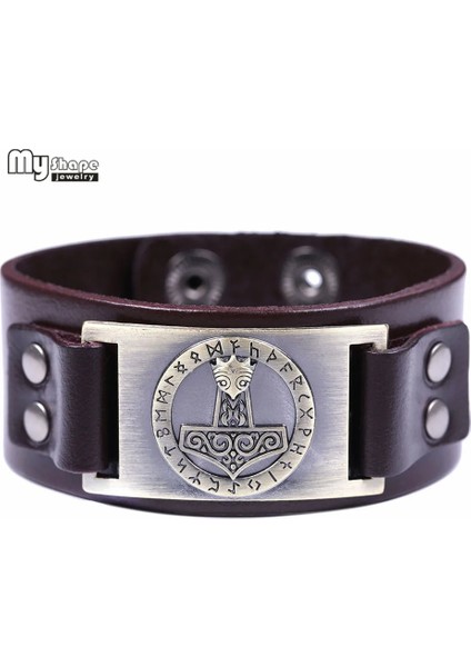 Antik Bronz-Kahverengi Benim Şeklim Hakiki Deri Thor Çekiç Viking Bilezik Bilezik Kutsal Patron 24 Nordic Runes Muska Düğmesi Snap Slav Bilezik Erkekler (Yurt Dışından)