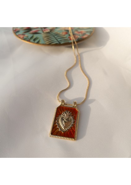 Paslanmaz Çelik Vintage Kalp Turuncu Tarot Kolye