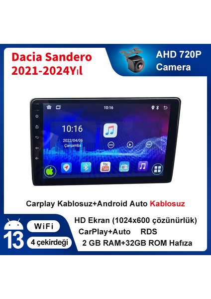Renault Dacia Sandero 2021-2024YIL Android Kablosuz Carplay Navigasyon Multimedya 10.2 Inç Kuantum Ekranı 2g Ram +32GB Hafıza Çerçeveli ve Arka Görüş Kameralı