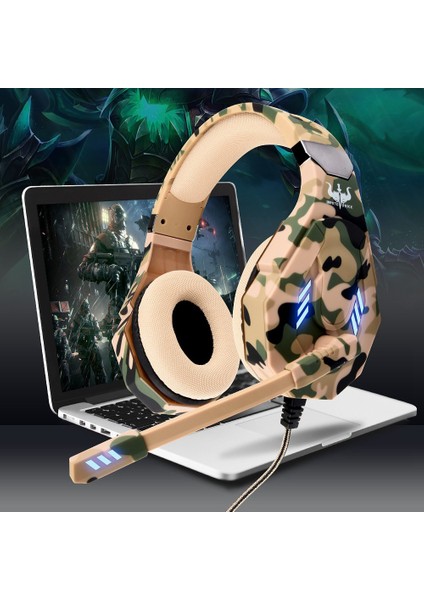 Ovleng GT95 Kamuflaj Tasarımlı Usb+3.5mm Kablolu Kulak Üstü Kulaklık LED Işıklı Ergonomik E-Spor Oyun Kulaklığı-Kamuflaj Yeşili (Yurt Dışından)