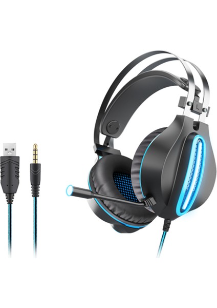 Ovleng GT62 Usb+3.5mm Kablolu Kulak Üstü E-Spor Kulaklık Dönebilen Mikrofonlu Serin LED Aydınlatma Oyun Kulaklığı-Siyah/mavi (Yurt Dışından)