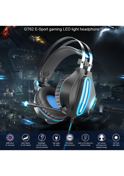 Ovleng GT62 Usb+3.5mm Kablolu Kulak Üstü E-Spor Kulaklık Dönebilen Mikrofonlu Serin LED Aydınlatma Oyun Kulaklığı-Siyah/mavi (Yurt Dışından)