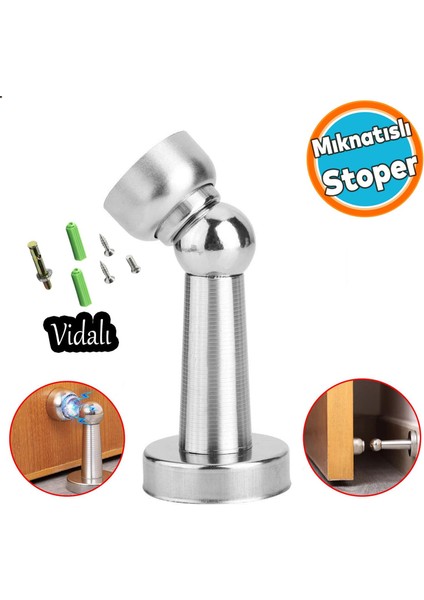 Mıknatıslı Kapı Stoper Ayaklı Metal Tutucu Çarpma Önleyici Durdurucu Vidalı Tampon Krom 1 Adet