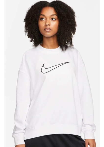 Training Plus Essential Get Fit Dri Fit Graphic Crew White Oversized Bol Kesim Kadın Sweatshirt Beyaz