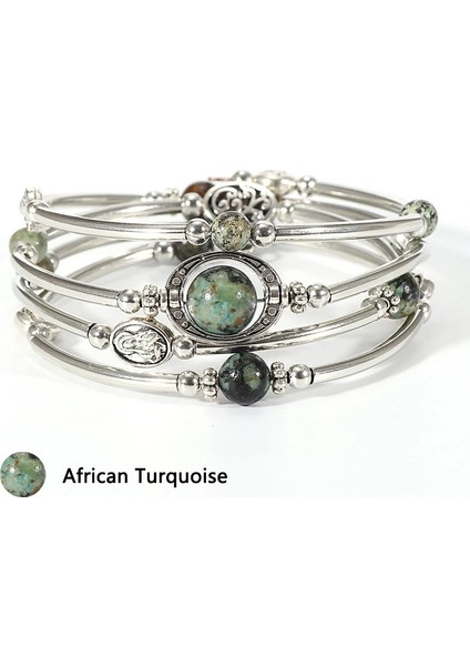 Afrika Turkuaz Kadın Erkek Doğal Taş Ametist Bilezikler Çok Katmanlı Bakır Tüp Turkuaz Kaplan Gözü Florit Oniks Boncuk Bileklik Boho Takı (Yurt Dışından)