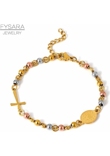 Altın ​​stil2 Fysara Trendy Boncuklu Tespih Çapraz Kolye Bilezik Kadın Erkek Takı Paslanmaz Çelik Bilezik Altın Hıristiyan Dini Mücevher (Yurt Dışından) modelleri