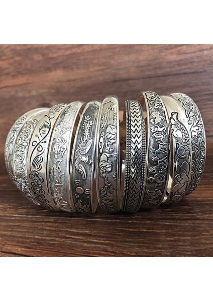 Çiçek Yeni Retro Manşet Bilezikler Tibet Gümüş Metal Oyma Balık Fil Çiçek Bilezik Vintage Çingene Takı Kadın Hediyeleri (Yurt Dışından)
