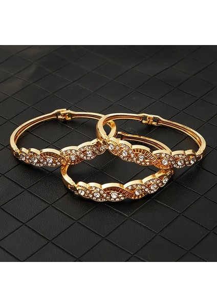 Altın 4 3 Adet Lüks Altın Bilezik ile Rhinestone Lady Yan Açık Manşet Bilezikler Fas Tasarımcı Takı Bilezik Gelin Için (Yurt Dışından)