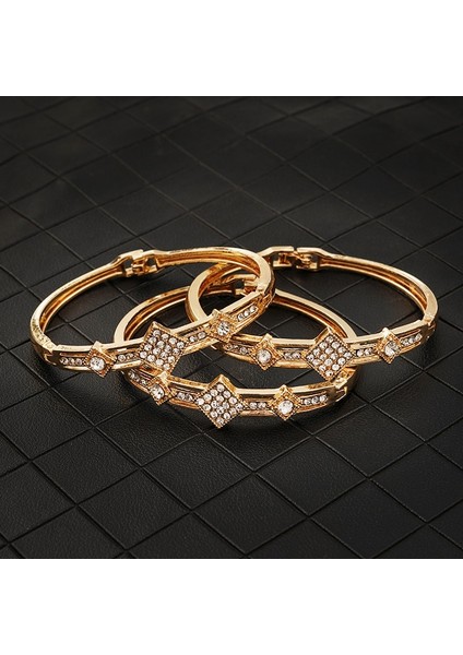 Altın 4 3 Adet Lüks Altın Bilezik ile Rhinestone Lady Yan Açık Manşet Bilezikler Fas Tasarımcı Takı Bilezik Gelin Için (Yurt Dışından)
