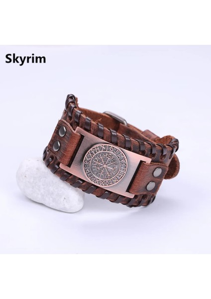 Geniş Kahverengi- Bakır Skyrim Vintage Viking Pusula Adam Nordic Runes Için Hakiki Deri Bilezik Odin Sembolü Wrap Bileklik Takı Aksesuarları Hediye (Yurt Dışından)