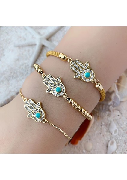 Göz Bilezik Moda Boho Mavi Taş Gökkuşağı Bilezikler Kadınlar Için Vintage Altın Bakır Zirkon Boncuklu Palm Kristal Bilezik Düğün Takısı (Yurt Dışından)