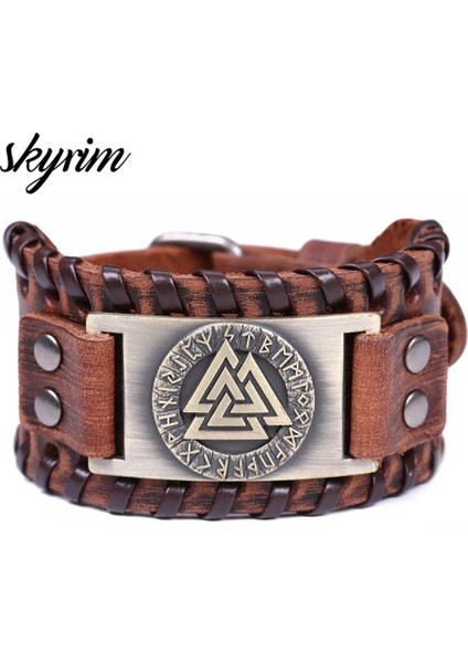 Geniş Kahverengi- Bronz Skyrim Viking Valknut 24 Nordic Runes Geniş Deri Bilezik Muska Ayarlanabilir Vintage Slav Norveç Erkekler Takı Bileklik Bileklik (Yurt Dışından)