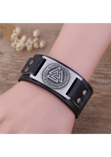 Geniş Kahverengi- Bronz Skyrim Viking Valknut 24 Nordic Runes Geniş Deri Bilezik Muska Ayarlanabilir Vintage Slav Norveç Erkekler Takı Bileklik Bileklik (Yurt Dışından)
