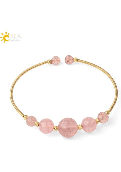 Çilek Kristali Csja Doğal Kristal Bilezik Tel Sarma Yuvarlak Taş Antik Altın Renk Kadınlar Kızlar Için Manşet Bilezikler Trendy Takı Pulsera G564 (Yurt Dışından)