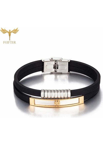 17CM Tarzı Altın Paslanmaz Çelik Kayış Adam Kadınlar Için Bilezikler Çift Katmanlı Silikon Bilezik Watch Band Moda Band Şanslı Dört Yapraklı Yonca Erkek (Yurt Dışından)