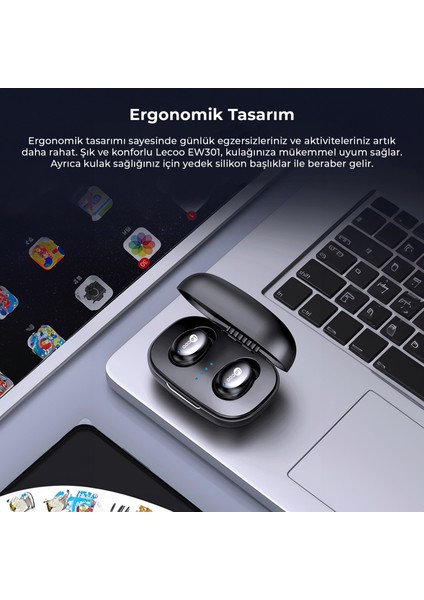 EW301 Kablosuz Bluetooth 5.0 TWS Mikrofonlu Kulak İçi Kulaklık Siyah