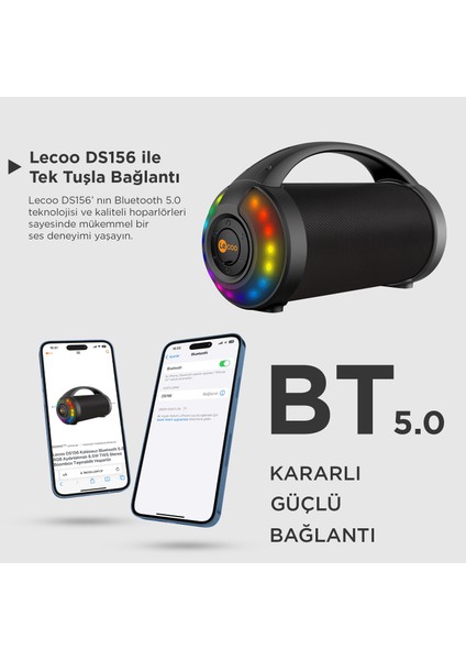 DS156 8.5W Kablosuz Bluetooth 5.0 RGB Aydınlatmalı TWS Stereo Boombox Taşınabilir Hoparlör Siyah