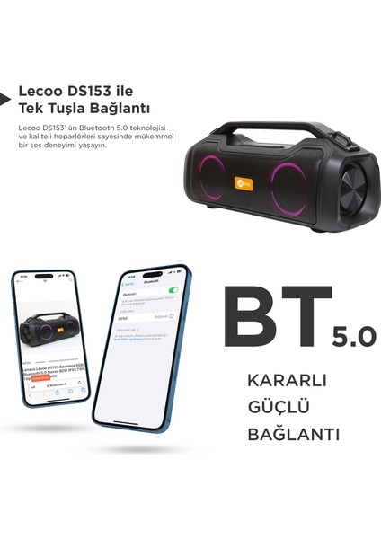 DS153 Bluetooth 5.0 80W IPX5 Su Geçirmez RGB Aydınlatmalı Stereo TWS Boombox Taşınabilir Hoparlör Siyah modelleri