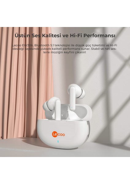 EW306 Kablosuz Bluetooth 5.1 Hi-Fi TWS Mikrofonlu Kulak içi Kulaklık Beyaz