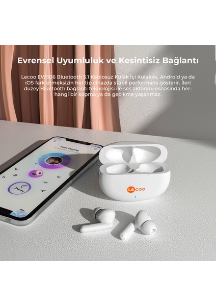 EW306 Kablosuz Bluetooth 5.1 Hi-Fi TWS Mikrofonlu Kulak içi Kulaklık Beyaz