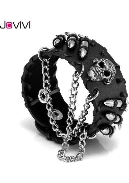 1x Kafatası Jovivi 1x Erkek Bileklik Metal Biker Siyah Geniş Mermi Kafatası Başak Zincir Dana Deri Punk Rock Bilezik Ayarlanabilir Bileklik (Yurt Dışından) fiyatları