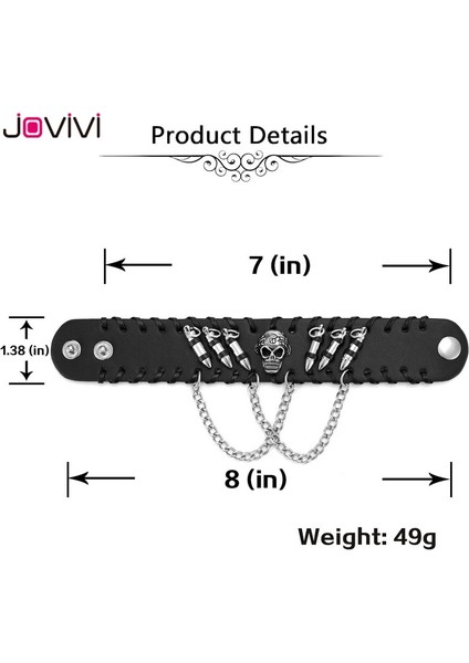 1x Kafatası Jovivi 1x Erkek Bileklik Metal Biker Siyah Geniş Mermi Kafatası Başak Zincir Dana Deri Punk Rock Bilezik Ayarlanabilir Bileklik (Yurt Dışından) modelleri