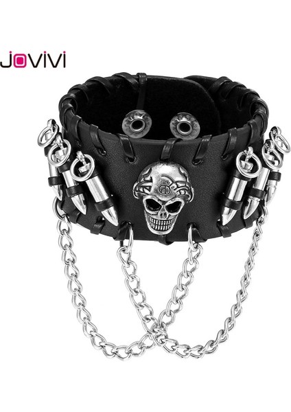 1x Kafatası Jovivi 1x Erkek Bileklik Metal Biker Siyah Geniş Mermi Kafatası Başak Zincir Dana Deri Punk Rock Bilezik Ayarlanabilir Bileklik (Yurt Dışından) fırsatları