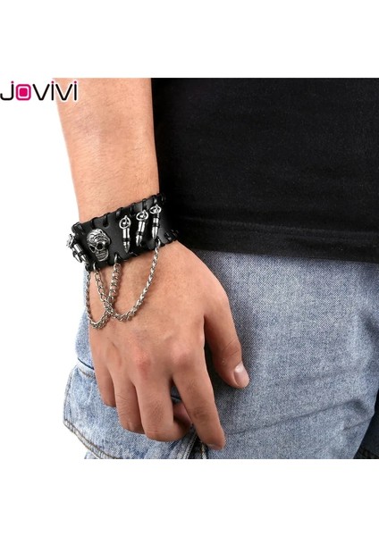 1x Kafatası Jovivi 1x Erkek Bileklik Metal Biker Siyah Geniş Mermi Kafatası Başak Zincir Dana Deri Punk Rock Bilezik Ayarlanabilir Bileklik (Yurt Dışından) indirimleri