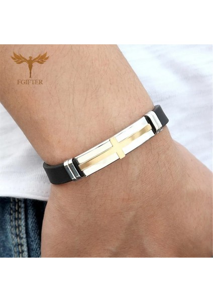 18.5cm Tarzı Gül Altın Bileklik Erkekler Için Dini Isa Çapraz Bilezikler Silika Jel Kemer Ayarlayın Paslanmaz Çelik Manşet Bilezik Erkek Bilezikler Fashio (Yurt Dışından)