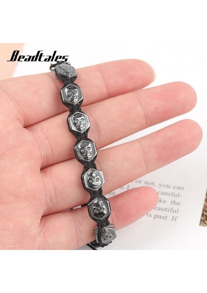 18-26CM Beadtales cm Ayarlanabilir Altıgen Kafatası Hematit Bilezik Erkekler Kadınlar Için Uçucu Yağlar Difüzör Doğal Taş Boncuk Zincir (Yurt Dışından)
