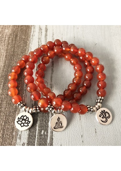 18CM Tarzı Bronz Buda Erkekler Kadınlar Mala Om Carnelian Bilezikler Lotus Buda Yoga Charm Bilek Kırmızı A-Gate Boncuklu Bilek Boho Yoga Kırmızı Takı (Yurt Dışından)